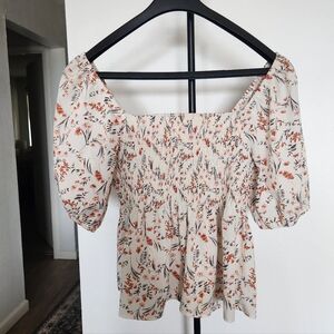 Floral Smocked Women's Top - Cream and Orange
